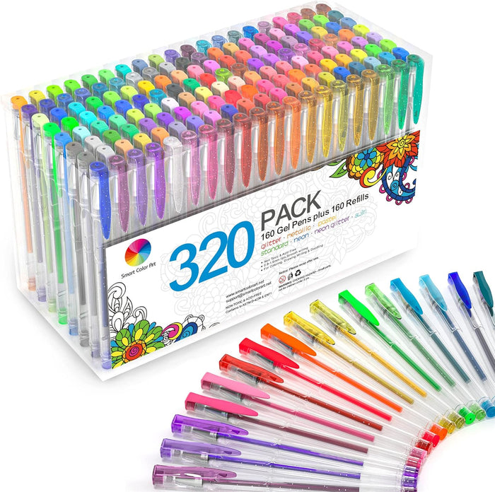 Smart Color Art 320 Pack Gel Pens Set, 160 Colors Gel Pen with 160 Refills for Adult Coloring Books Drawing Painting Writing