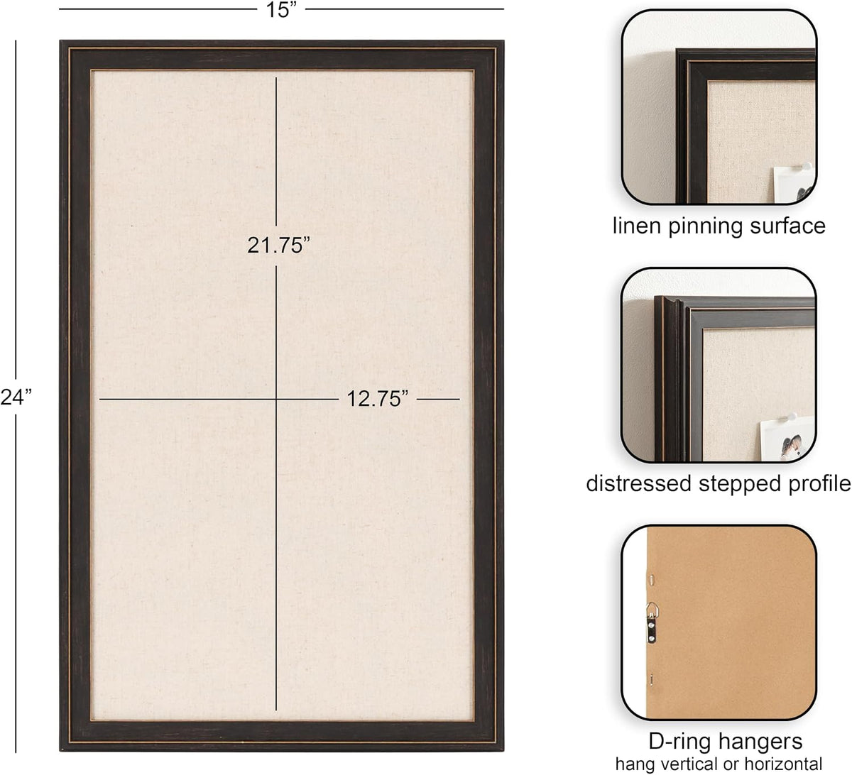 Kate and Laurel Oakhurst Rectangle Framed Linen Fabric Pinboard, 15 x 24, Bla...