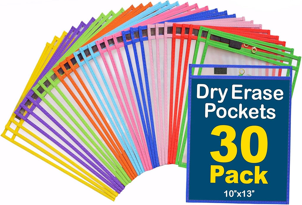 Dry Erase Pockets 30 Pack, 10" x 13" Reusable Pocket Sleeves | Heavy-duty clear pocket sleeves fit 10 x 13 for classroom worksheets, homeschool, quickly wipe to a flawless clean