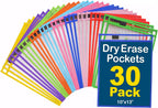 Dry Erase Pockets 30 Pack, 10" x 13" Reusable Pocket Sleeves | Heavy-duty clear pocket sleeves fit 10 x 13 for classroom worksheets, homeschool, quickly wipe to a flawless clean