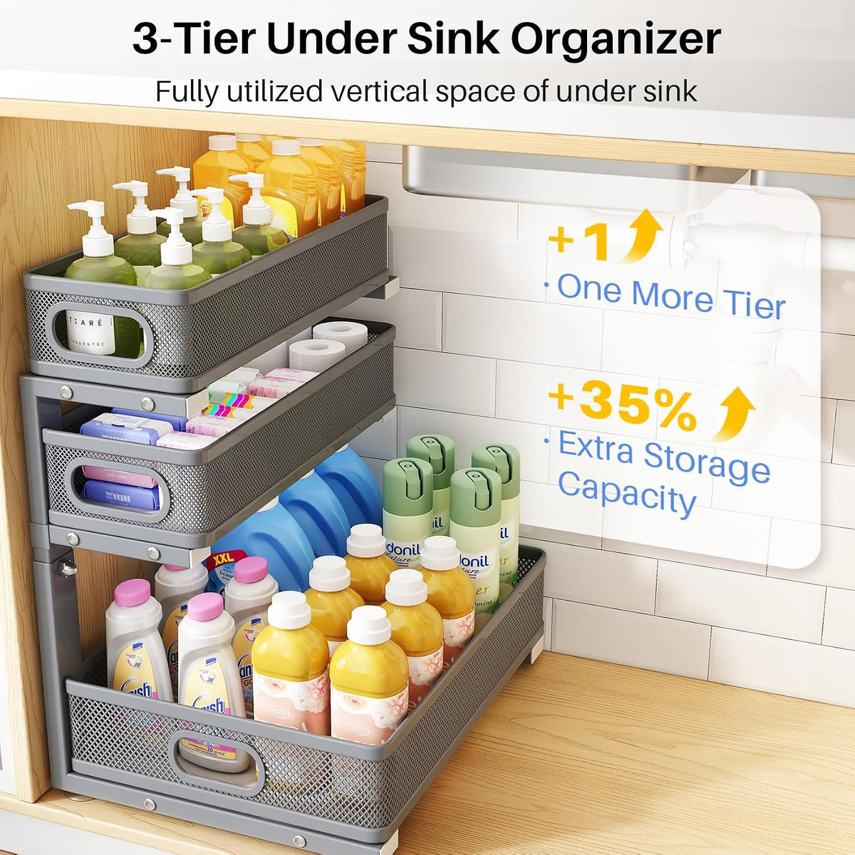 Under Sink Organizer, 3-Tier Thickened Metal Pull out Cabinet Organizer Shelf...