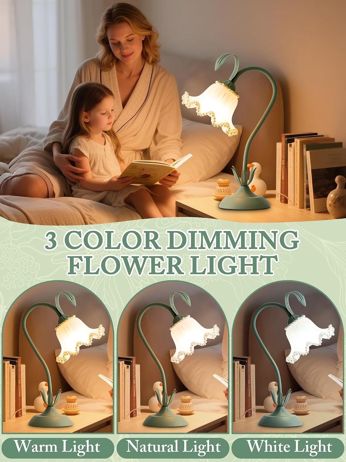 Flower Table Lamp, LED Reading Light Vintage Night light (Green Pearls)