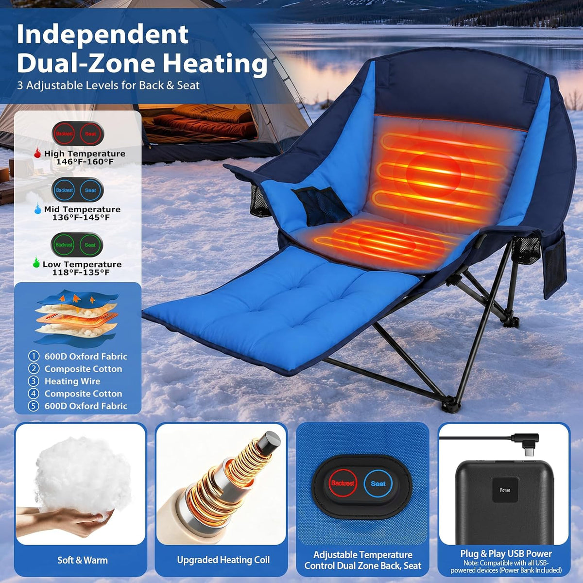 ZENPETIO Oversized Heated Camping Chair with 20000mAh Battery & Footrest