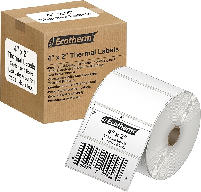 4" x 2" Thermal Labels | 6 Rolls | 7500 Labels | fits Zebra, Offnova Thermal by EcothermProducts