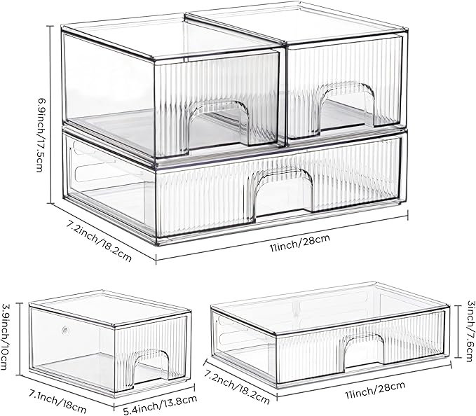Vorey Clear Stackable Desk Storage Drawers, 3 Pack Acrylic Bathroom Makeup - Image 3