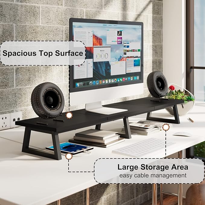 TEAMIX Black 42 inch Dual Monitor Riser, Wood and Steel Long Monitor Stand - Image 3