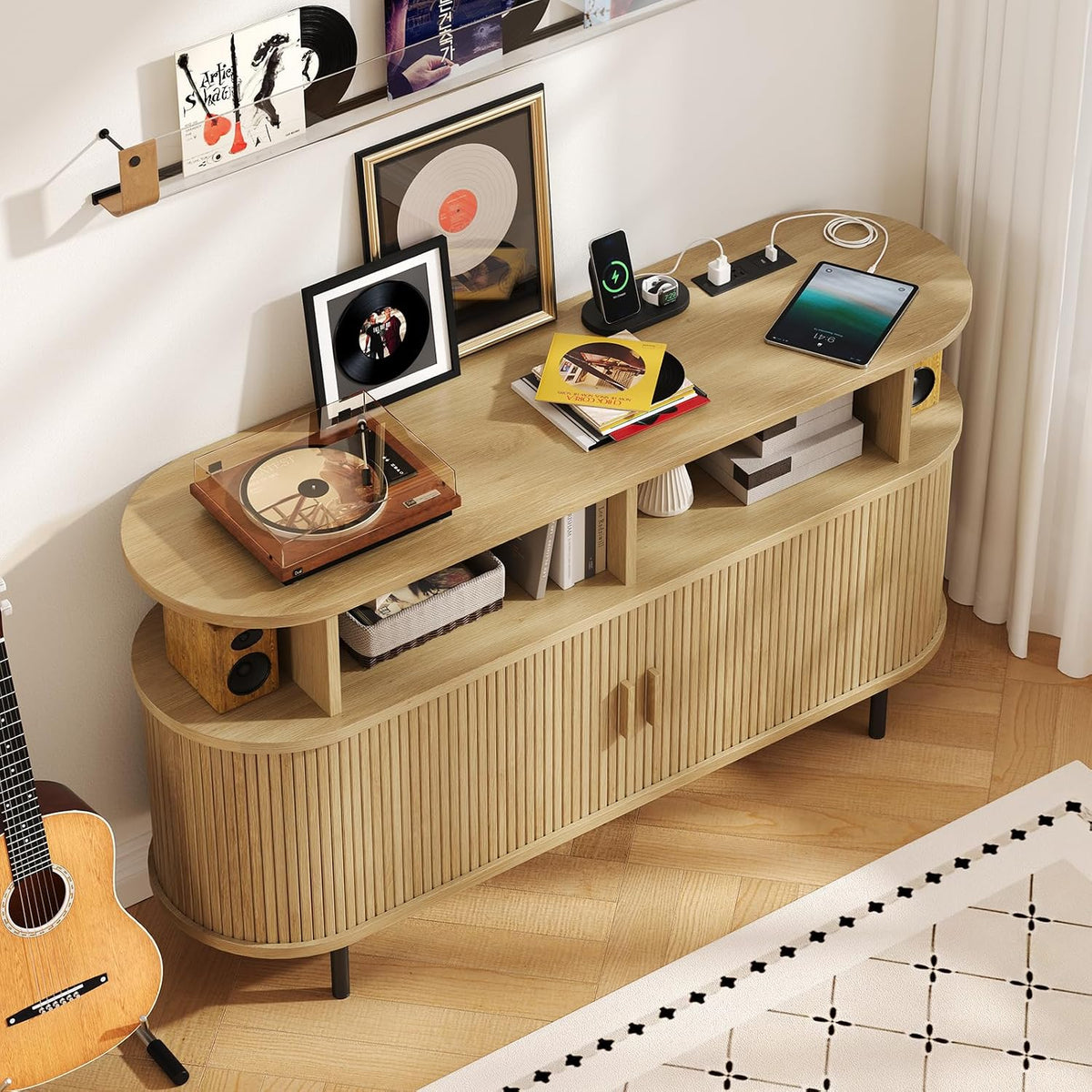 ONBRILL 55" Large Round Record Player Stand with Charging Station,Oak
