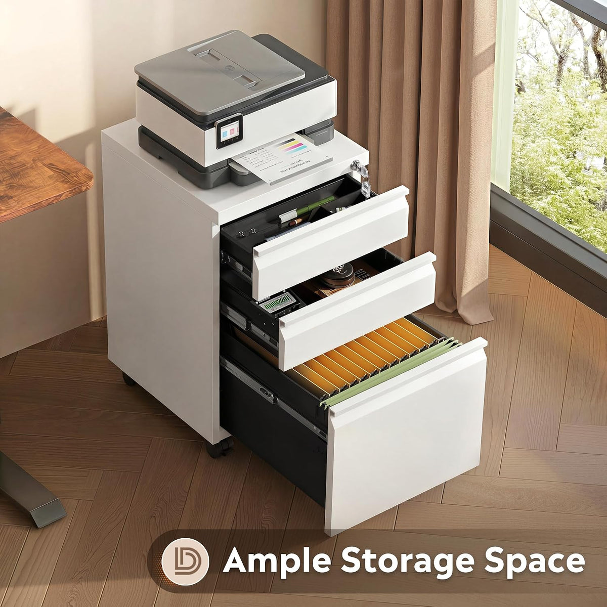 devaise 3 drawer mobile file cabinet, fully assembled on a desk or shelf
