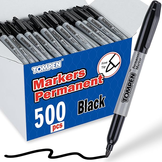 TOMPEN Black Permanent Markers Bulk Fine Tip 500 Pack, Use by TOMPEN
