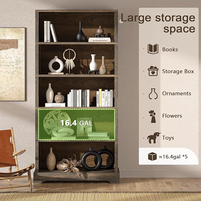 TVU 5-Tier Solid Wood Book Shelf, Floor Standing Bookcase, Farmhouse Style Book - Image 5