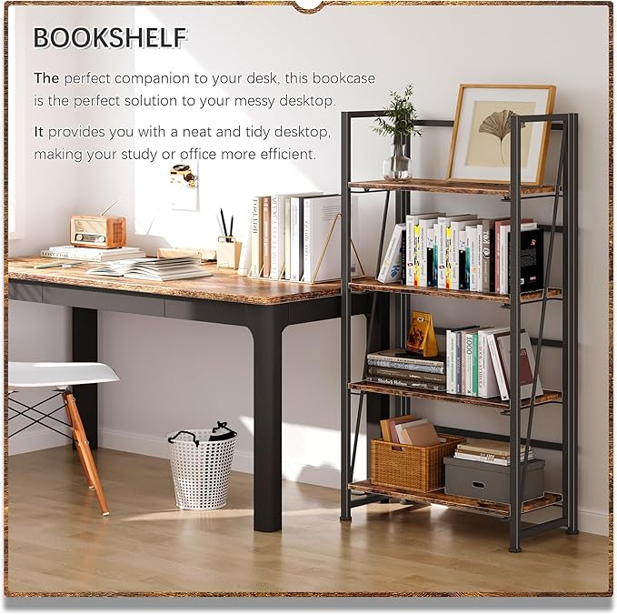 4NM No Assembly Folding Bookshelf Storage Shelves 4 Tiers Vintage Bookcase - Image 4