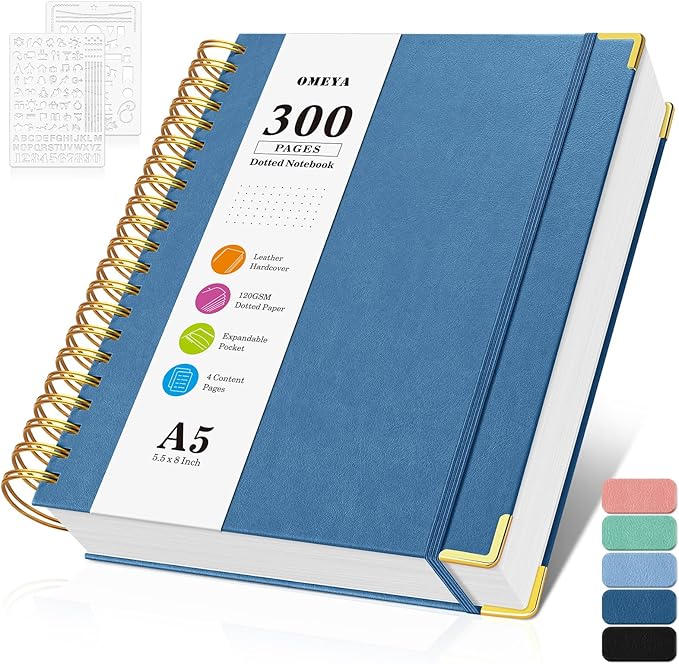 Bullet Dotted Journal Spiral Notebook, 300 Pages Leather Notebooks by OMEYA