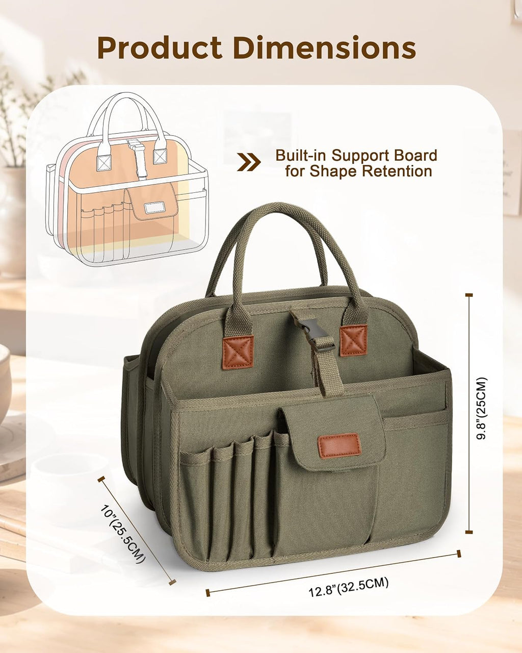 pottery tool organizer bag, art supply studio bag showing dimensions