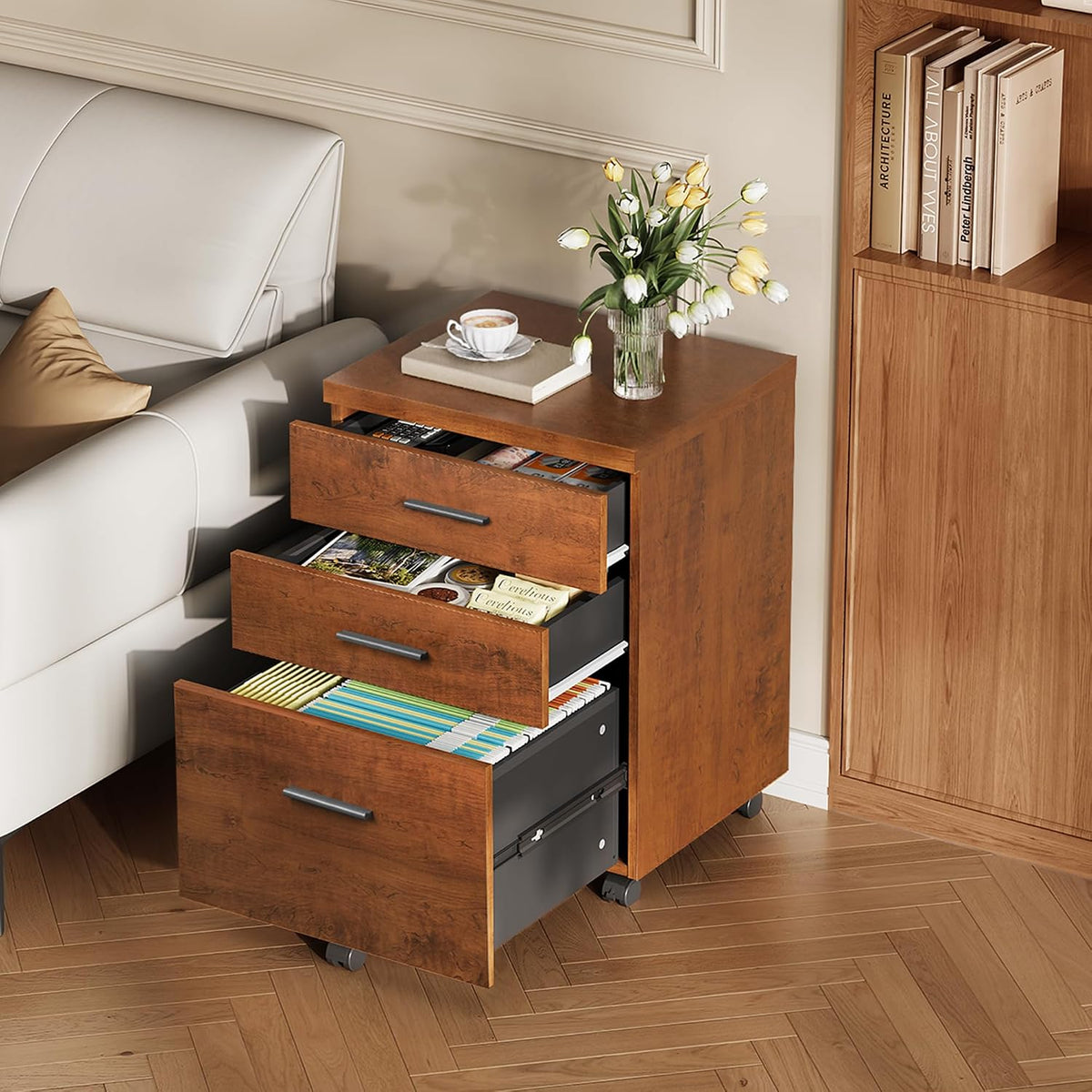 devaise 3 drawer file cabinet, wood under desk shown in use