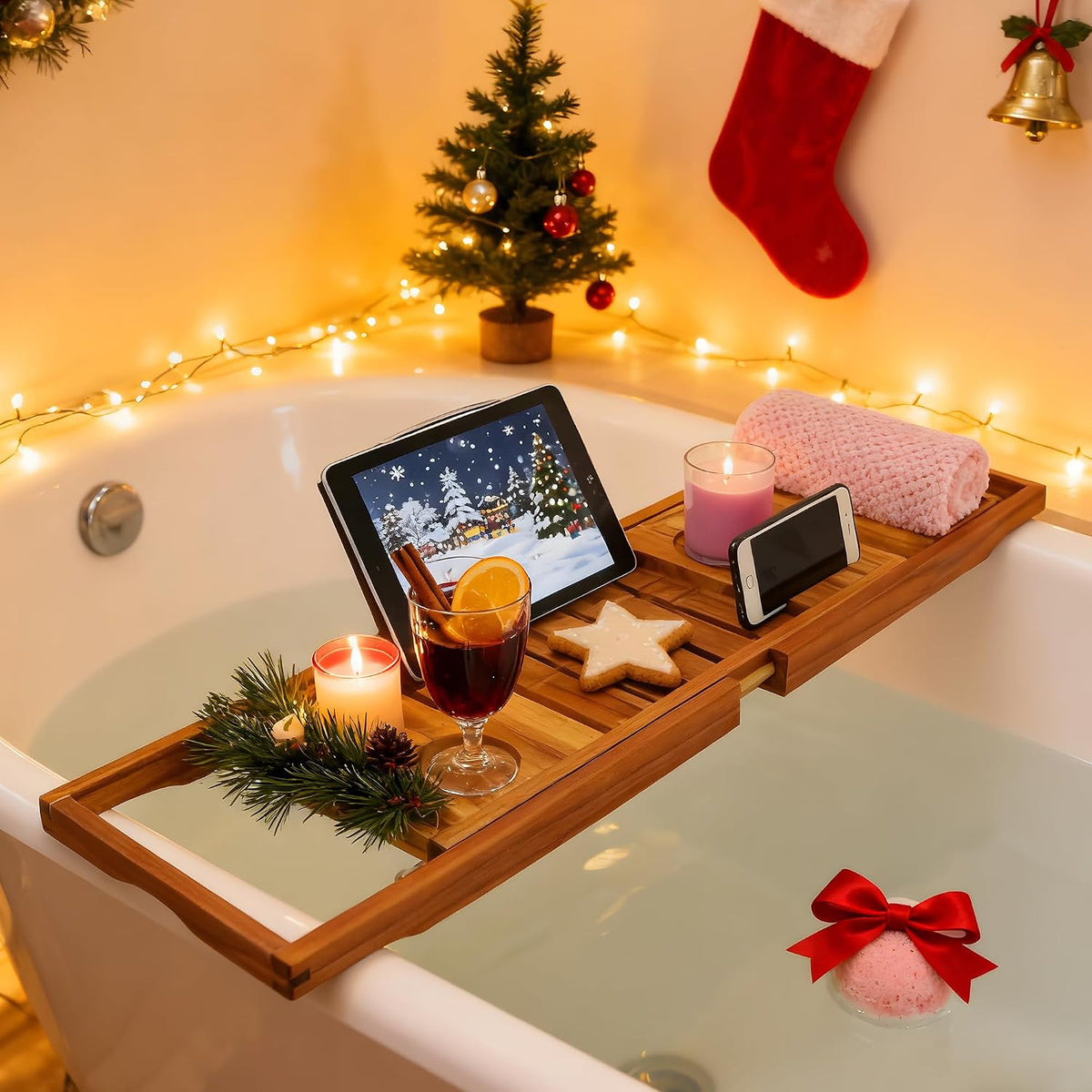 Utoplike Teak Bathtub Caddy, Expandable Bath Table Tray for Tub