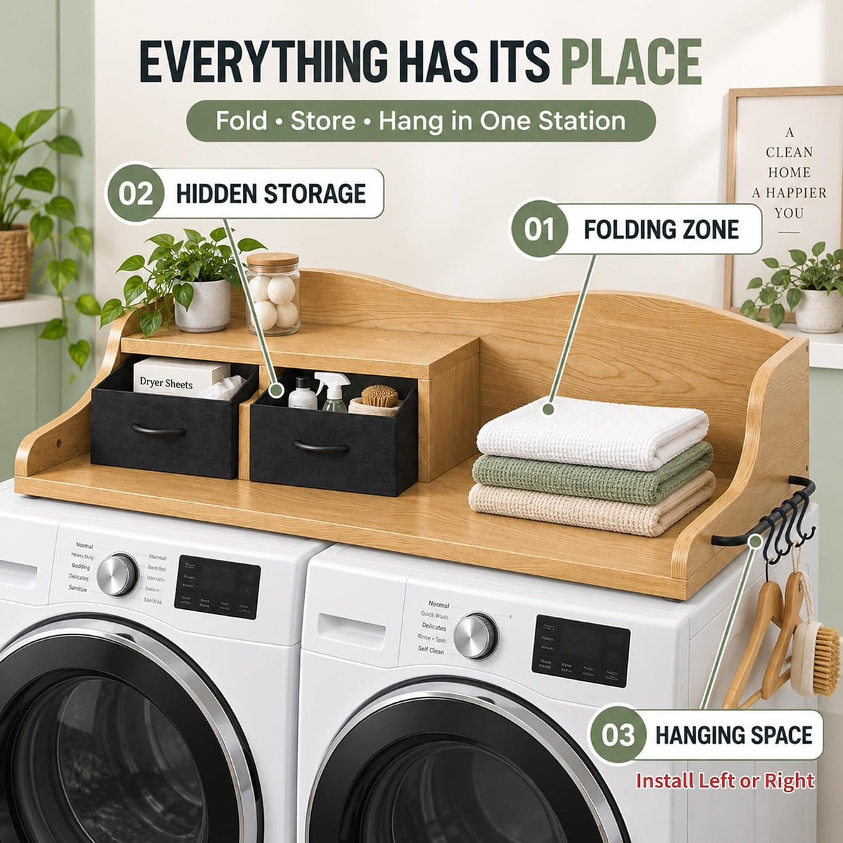 2-Tier Washer Dryer Countertop, Laundry Room Organizer with Drawers & Sid...