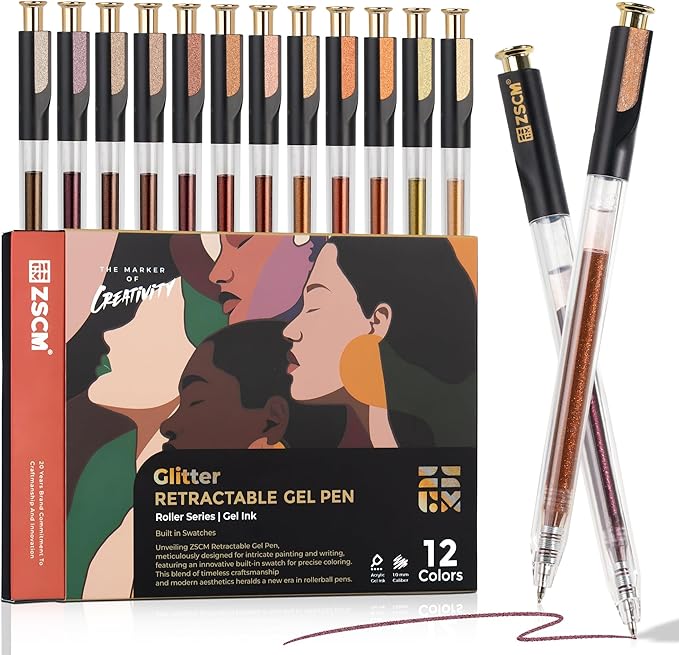 Retractable Glitter Gel Pens, 12 Colors Large Capacity Skin Tone Glitter by ZSCM