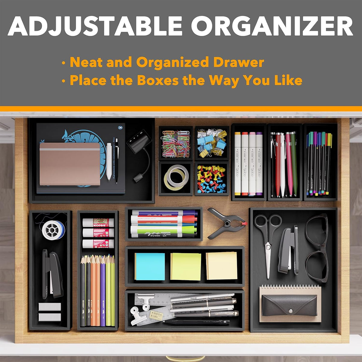 SpaceAid 14-Piece Bamboo Drawer Organizer Storage Boxes Set, Wood Tray Junk D...