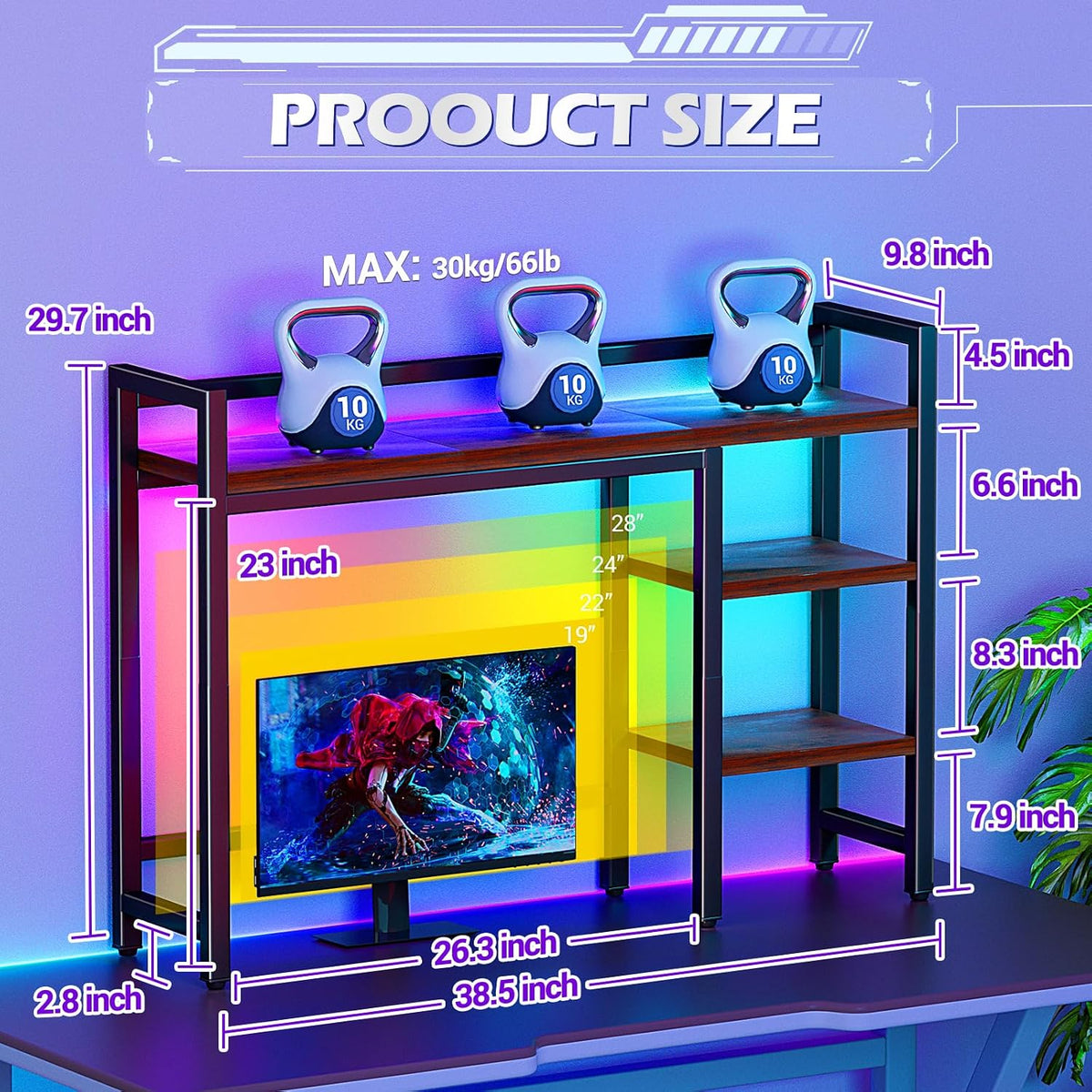 Desk Hutch with Colorful RGB Lights, 4 Tier Desk Top Shelf for Max 28" C...