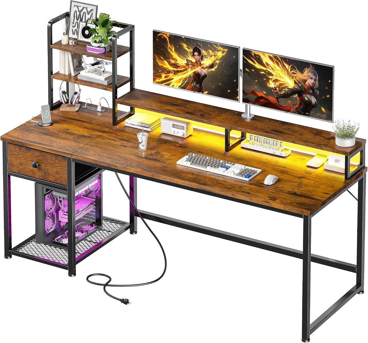 EnHomee 55" Reversible Computer Desk, Hutch, USB & LED, Rustic Brown