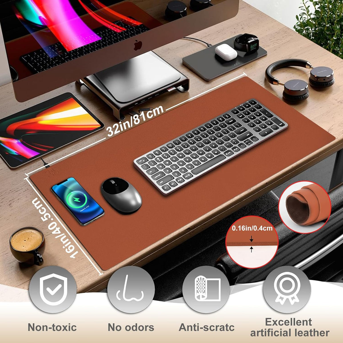 Desk Mat with Wireless Charging, Brown Mouse Pad with Wireless Charger, Desk ...