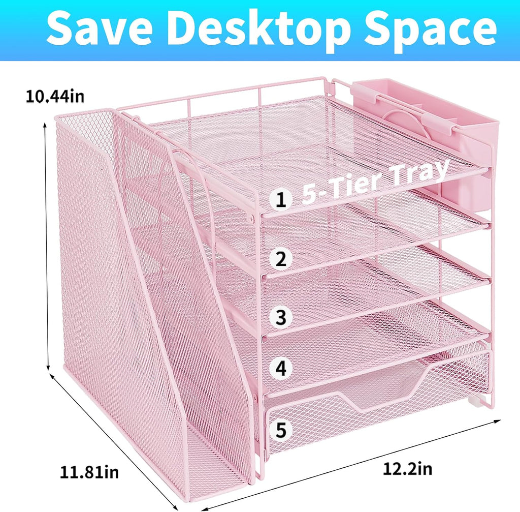 5-tier desk file organizer with drawer & pen shown in use