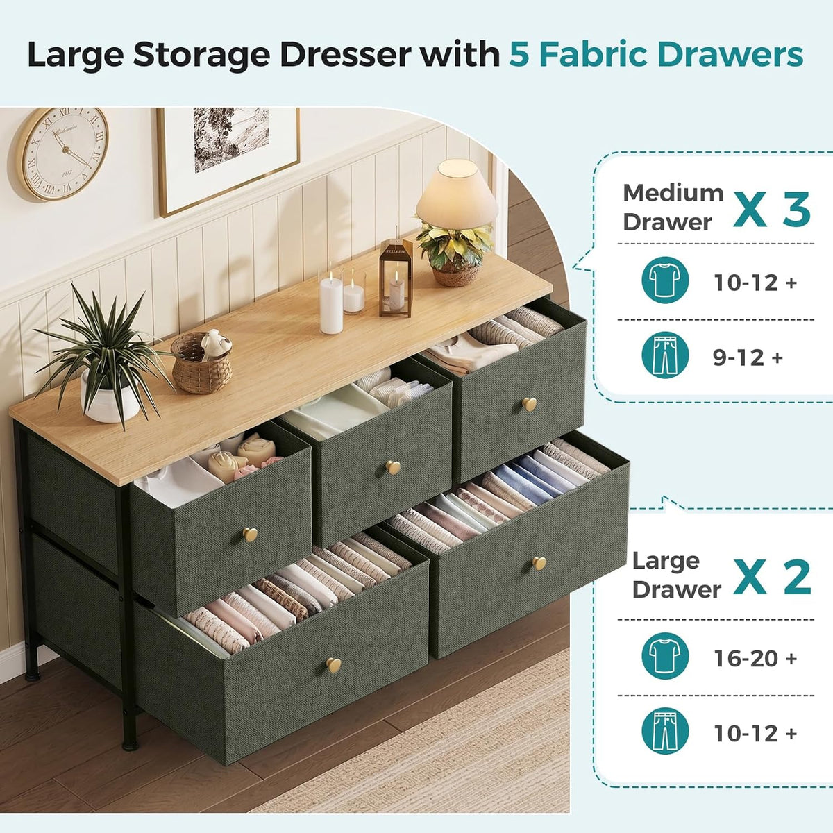 OLIXIS 5 Drawer Dresser for Bedroom, Storage Organizer Unit for Closet