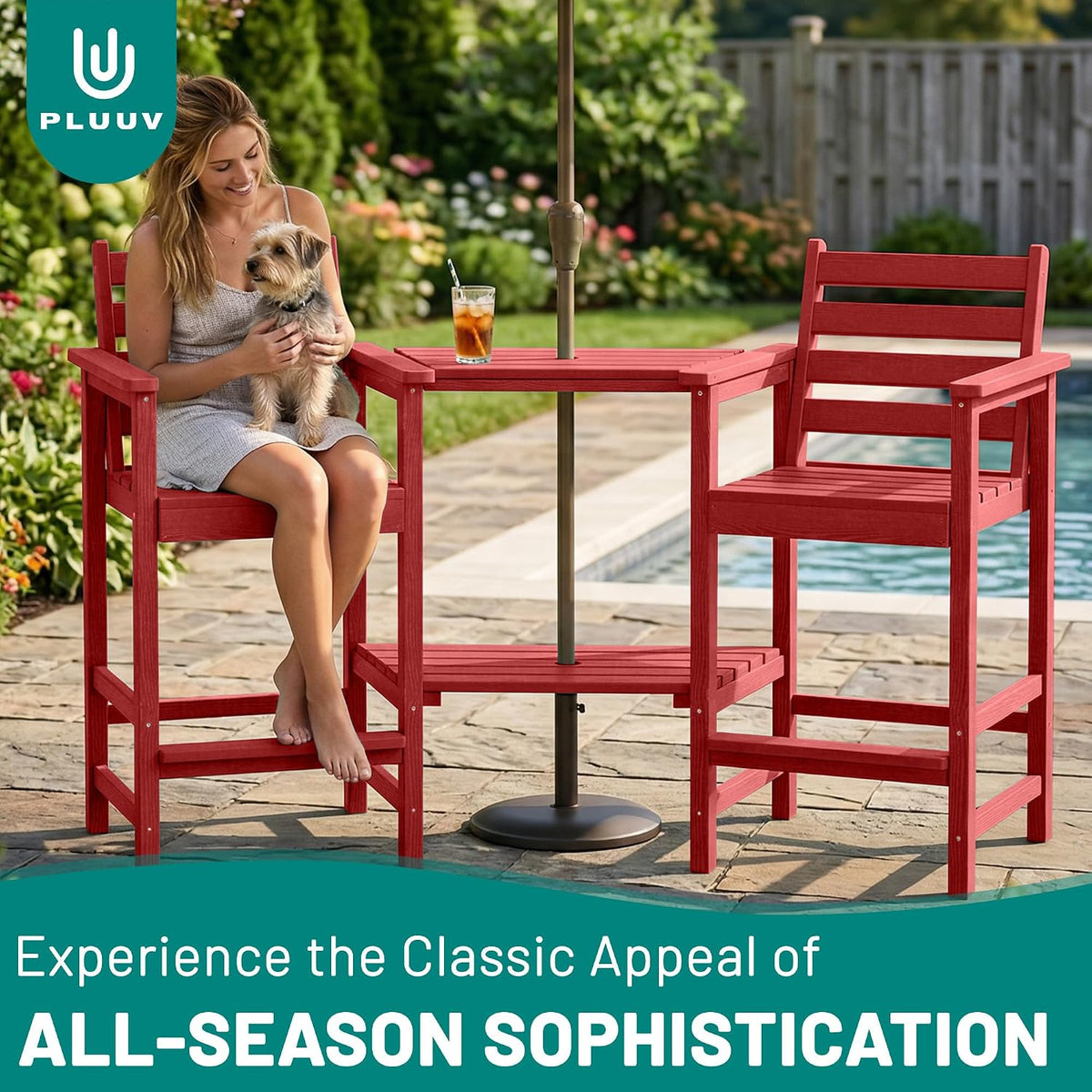 PLUUV Tall Adirondack Chairs Set of 2 with Double Table Trays, Red