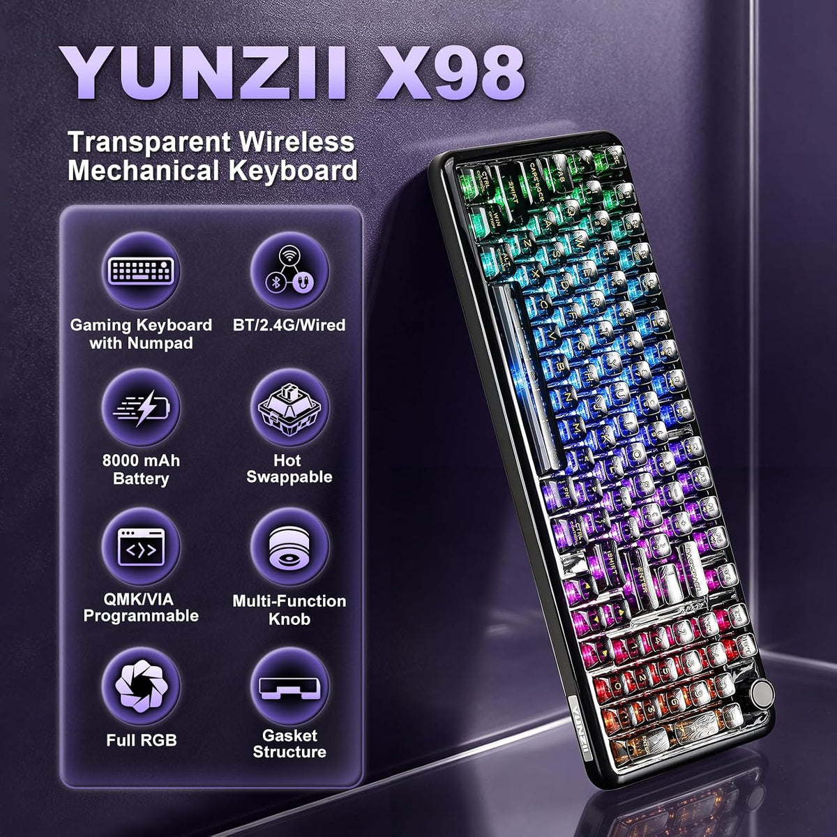 YUNZII X98 96% Wireless Hot Swap RGB Keyboard(Black, Crystal Switch)