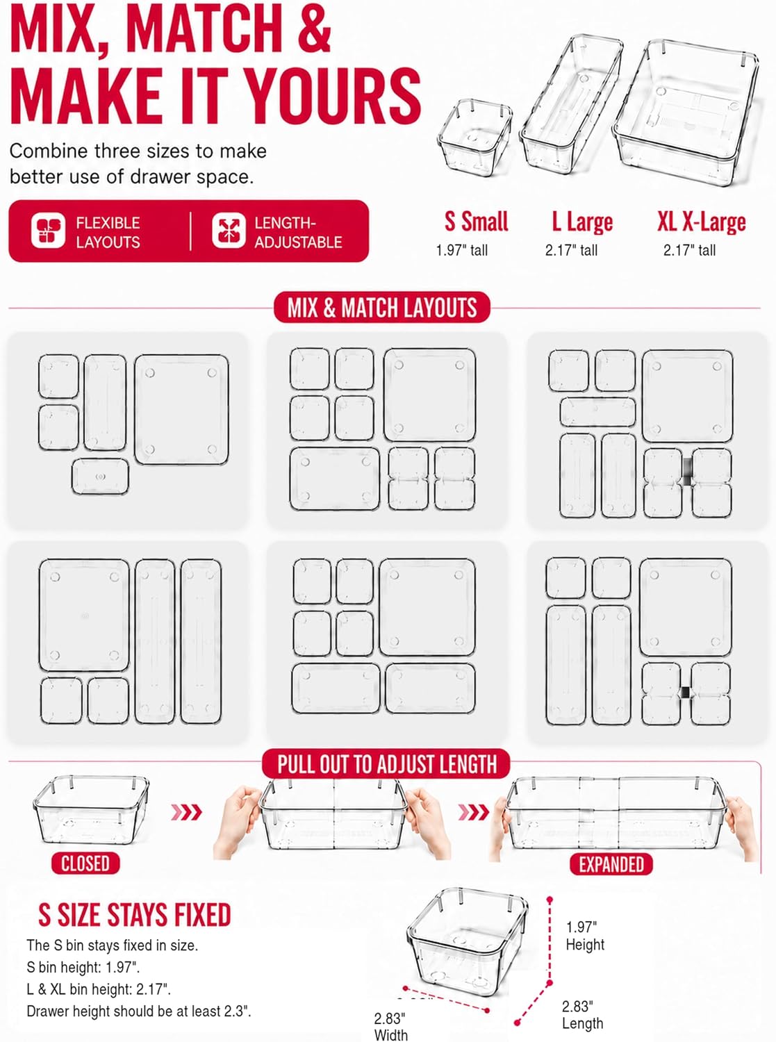 30 PCS Adjustable Expandable Clear Plastic Drawer Organizers