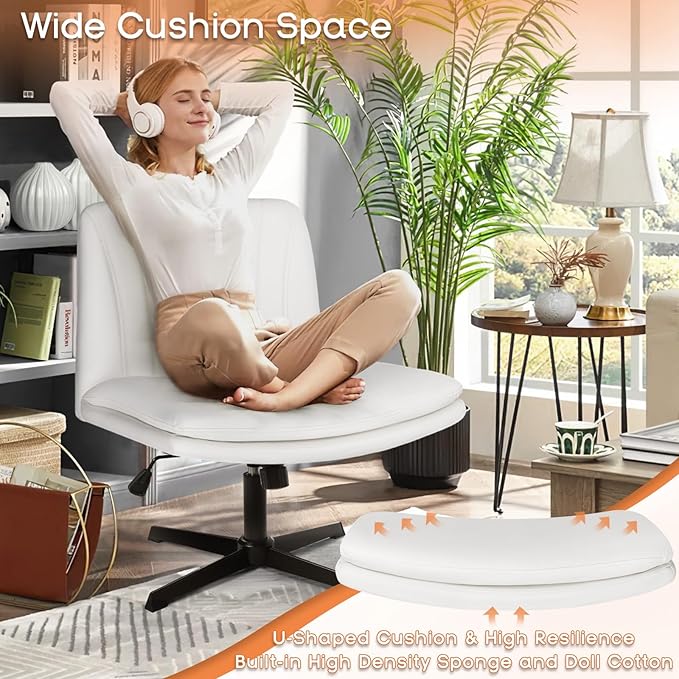 PUKAMI Criss Cross Legged Office Desk Chair No Wheels, PU Leather Modern Swivel - Image 3