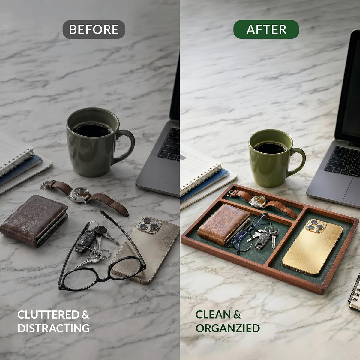 ReeKi Solid Wood Valet Tray | 3 Slot Desk Drawer Organizer