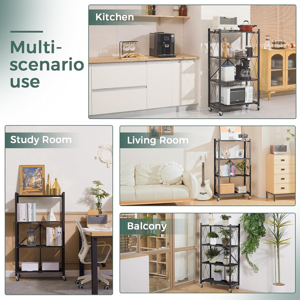 deanic 4 tier foldable storage shelves with wheels, side view