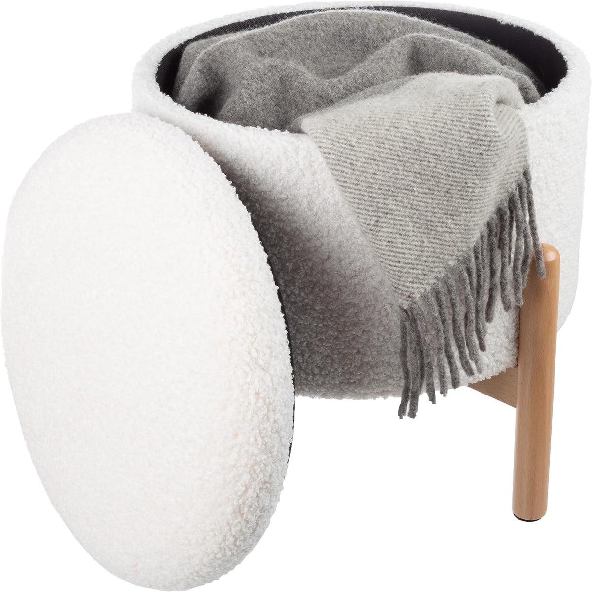 Round Sherpa Storage Ottoman Pouf with Removable Lid – Plush Couch Footrest &...