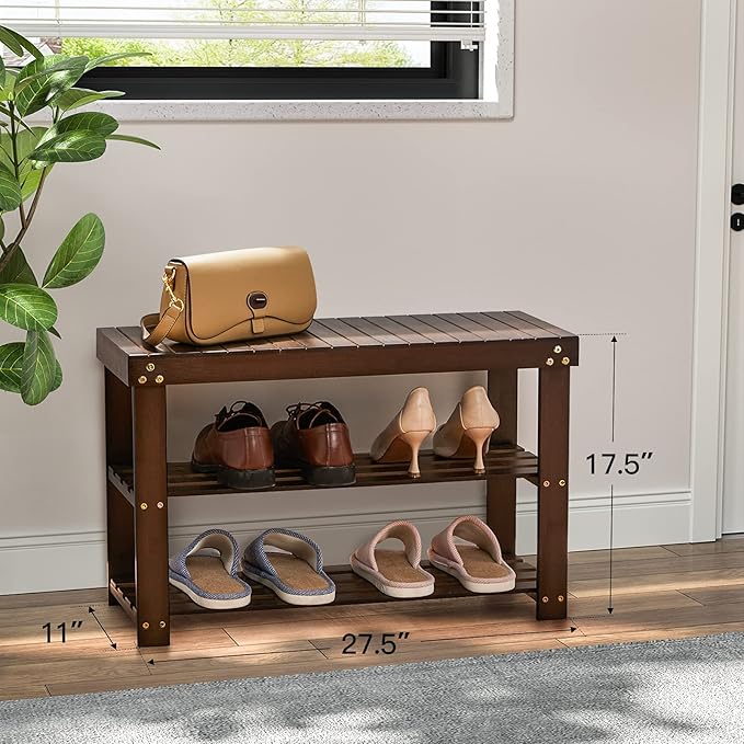 Pipishell Bamboo Shoe Rack Bench, 3 Tier Sturdy Shoe Bench, Storage Shoe - Image 3