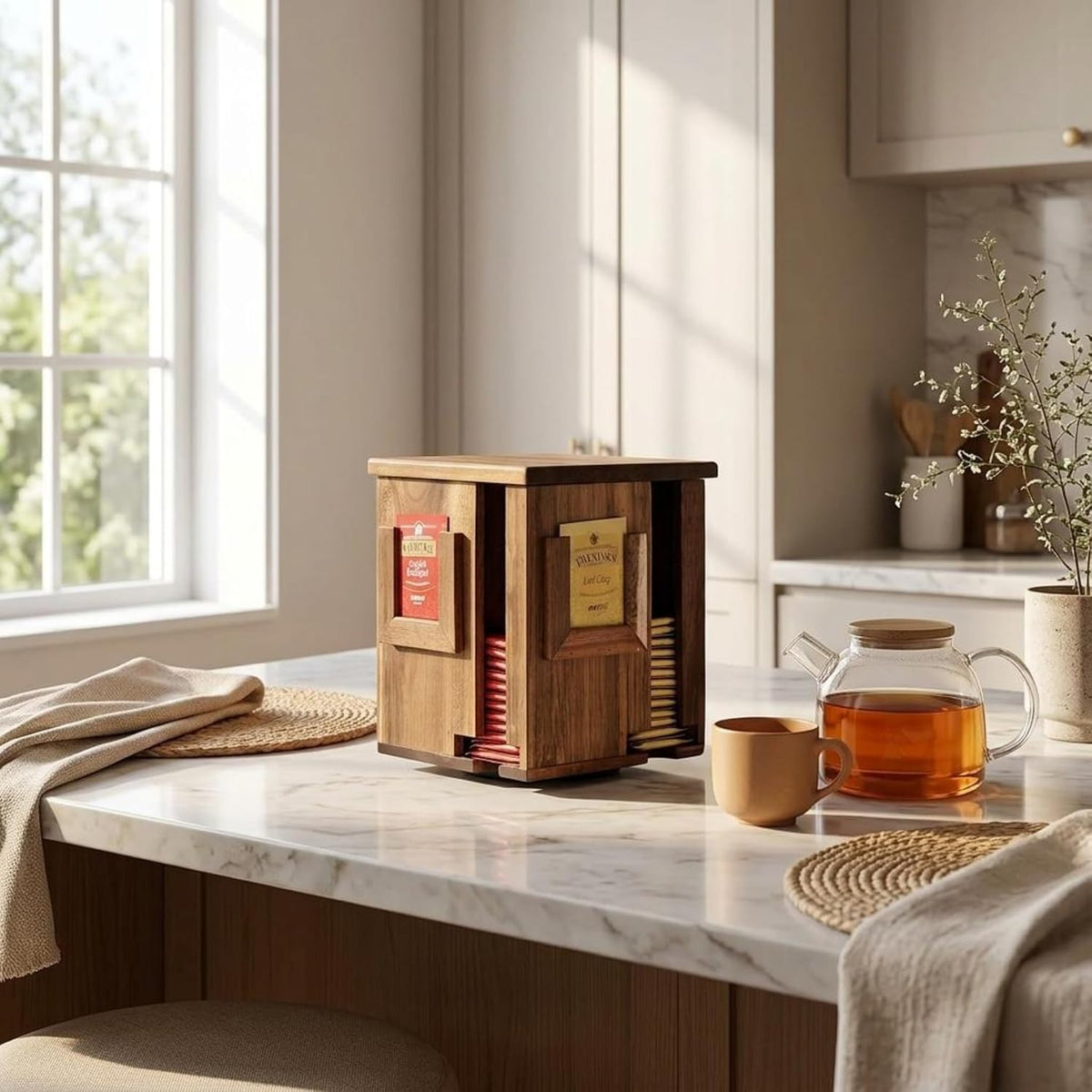 Rotating Tea Bag Organizer for Countertop - 4-Sided Acacia Wood Tea Storage C...