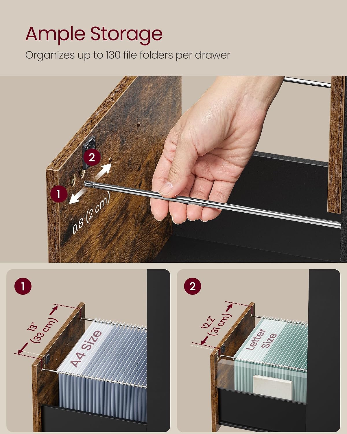 vasagle 3 drawer file cabinet with locks, for showing dimensions
