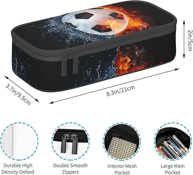 Boys Soccer Pencil Case with Water & Fire Pattern Print, Cool Black Pencil Box - Image 3