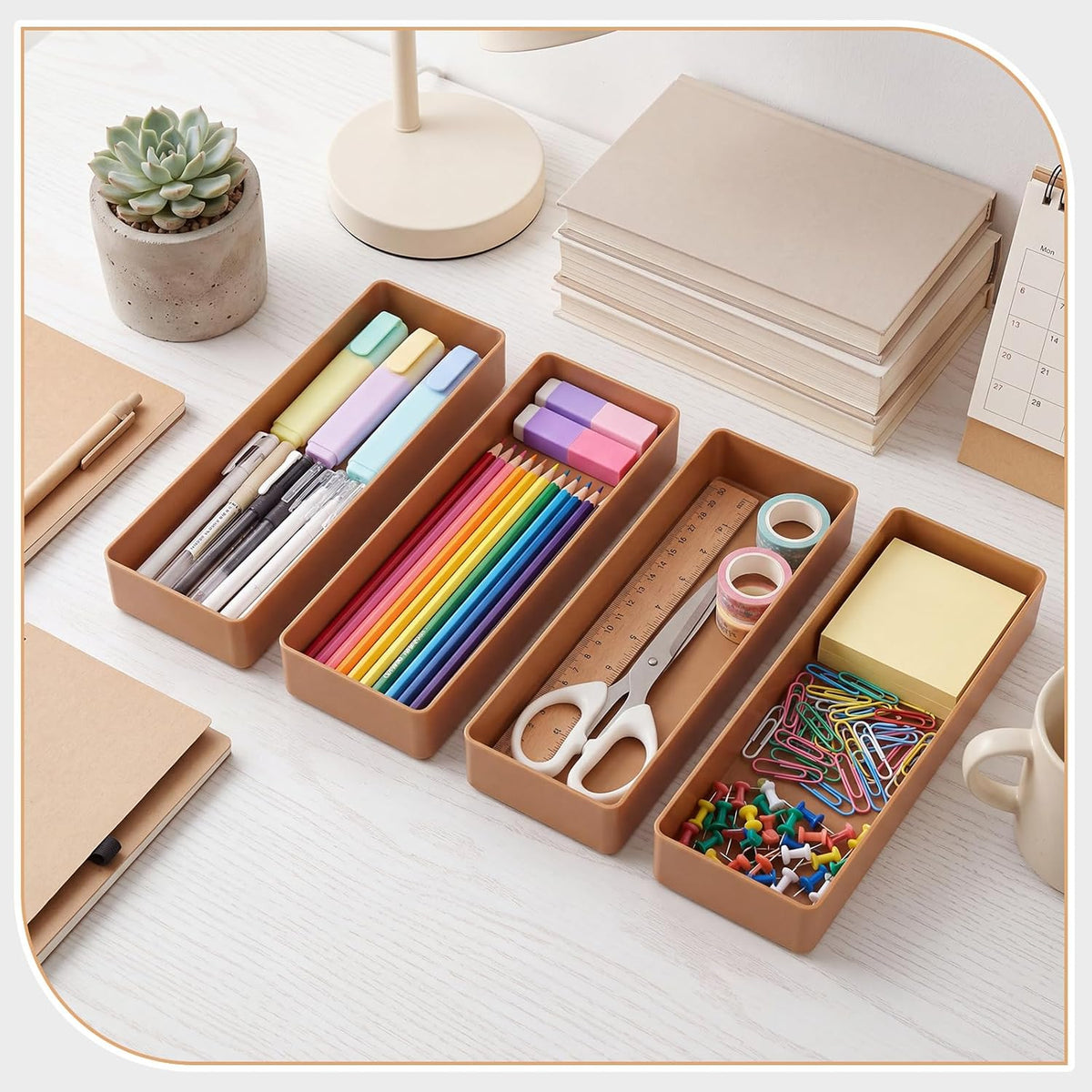 Teling 12 Pcs Brown Plastic Desk Drawer Organizer Pen Tray Shallow