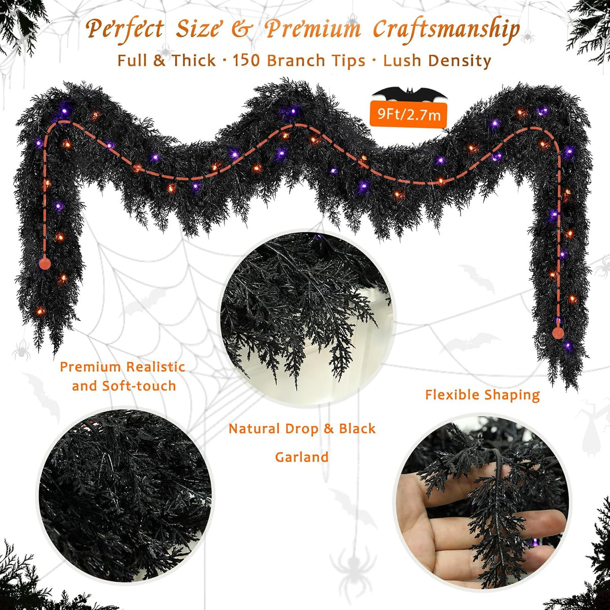 9ft Black Cedar Halloween Garland for Mantle, Soft Touch with Timer Lights