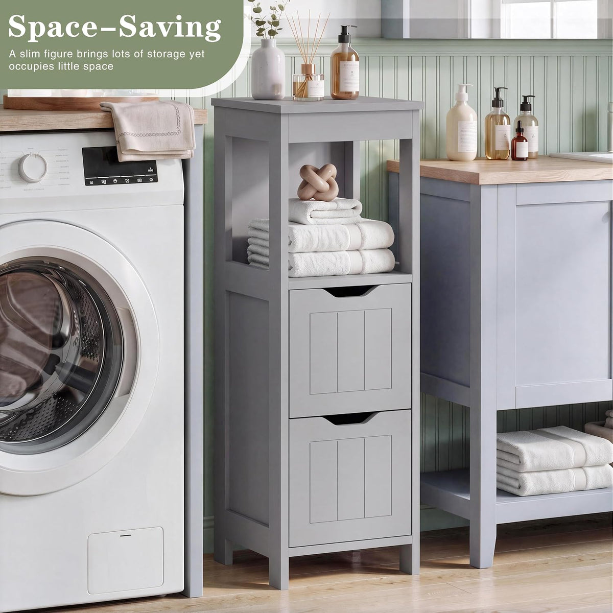 Shintenchi Small Bathroom Storage Cabinet, 2 Drawer Slim Floor Cabinet