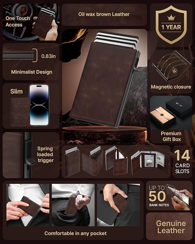 typecase Mens Wallet Card Holder: Pop Up Aluminum Case, Genuine Leather - Image 2