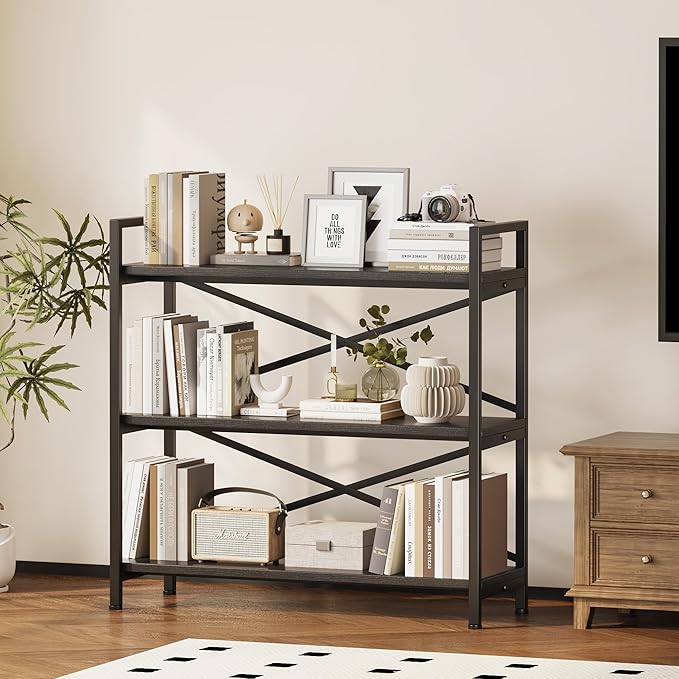 Homeiju 3 Tier Bookshelf 31.49" Width, Wood and Metal Etagere Bookcase - Image 2