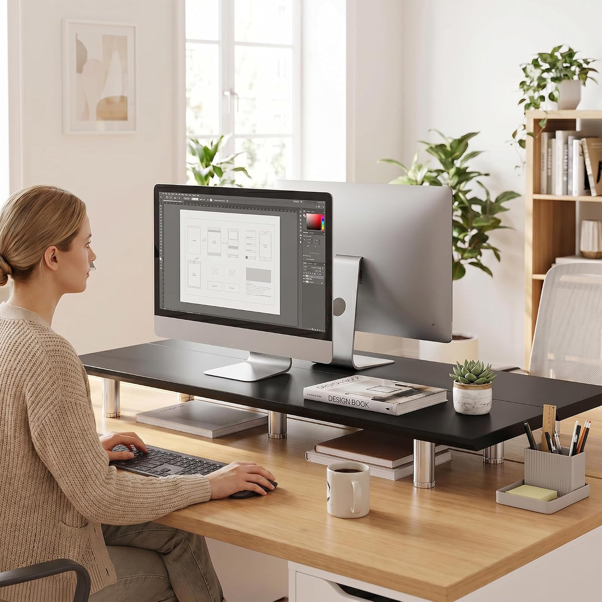 Fenge 39.4” Dual Monitor Stand with Height Adjustable Legs, Black