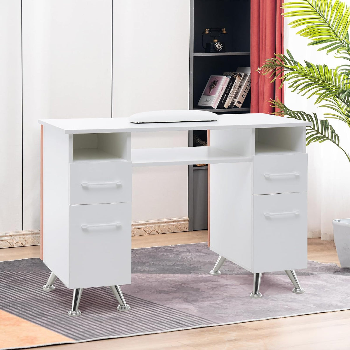BarberPub Storage Nail Desk with Leather Padded Walls, Wrist Rest 2671