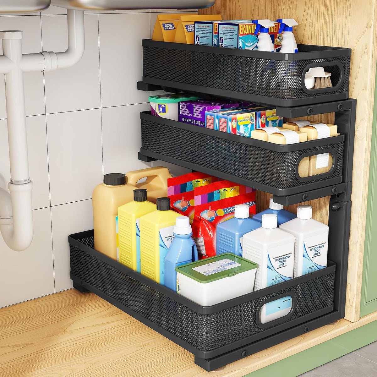 Kitstorack Under Sink Organizer, 1-Pack 3-Tier Height Adjustable Thickened Me...