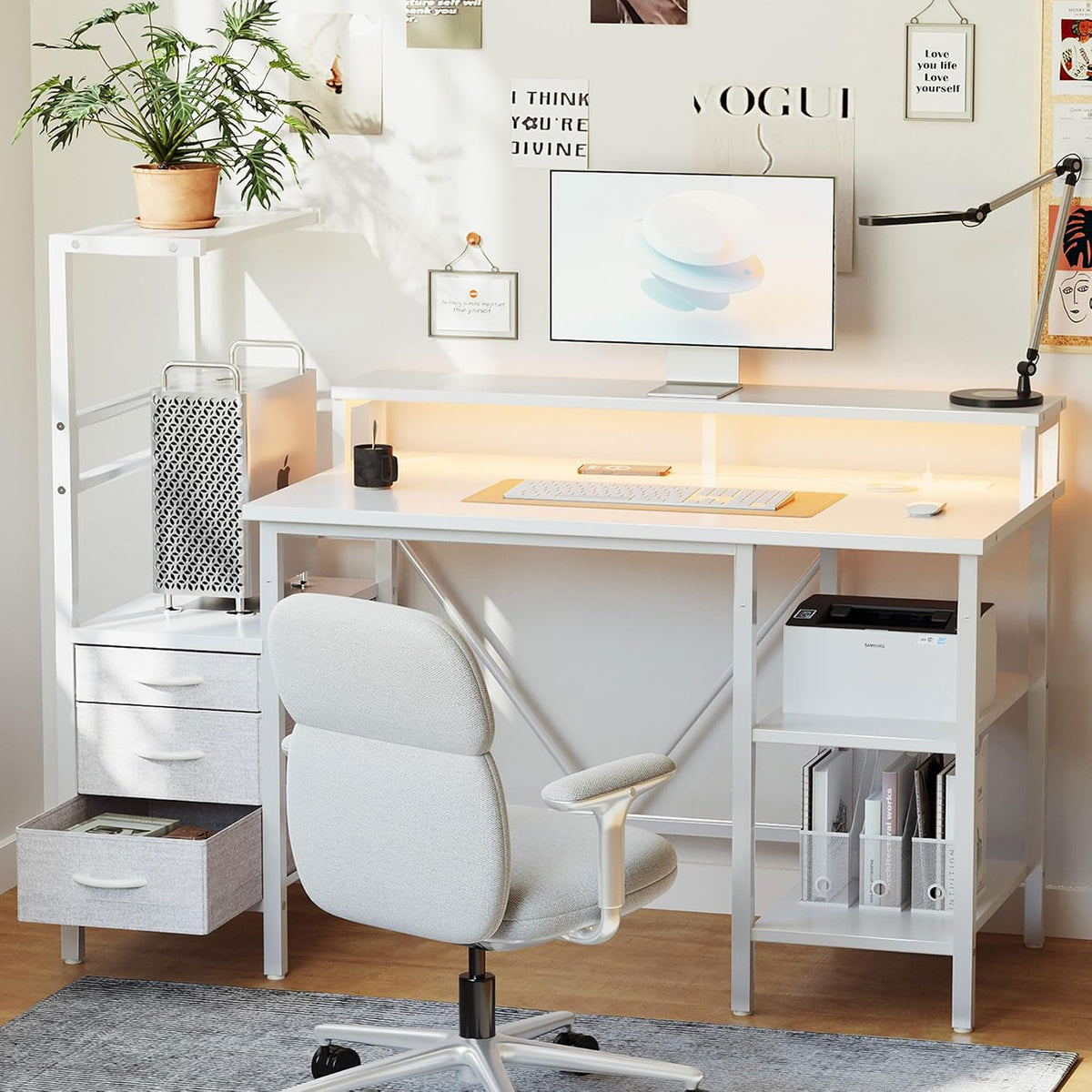 52" Reversible Gaming Desk with Drawers & Shelves, Computer Desk, White