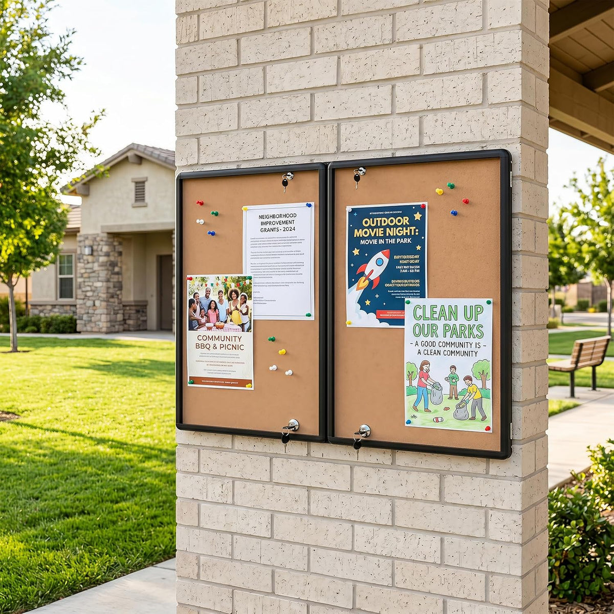 Goplus Enclosed Bulletin Board, 47.5” x 35.5” Lockable Cork Notice Board