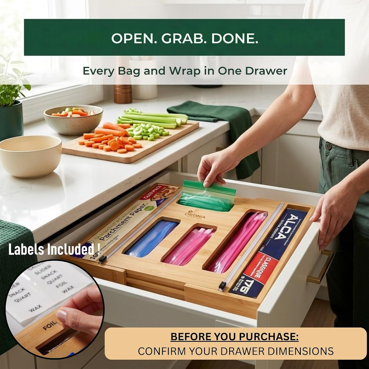 3" Slim 6-in-1 Expandable Storage Bag Organizer Kitchen Drawer - Bamboo ...