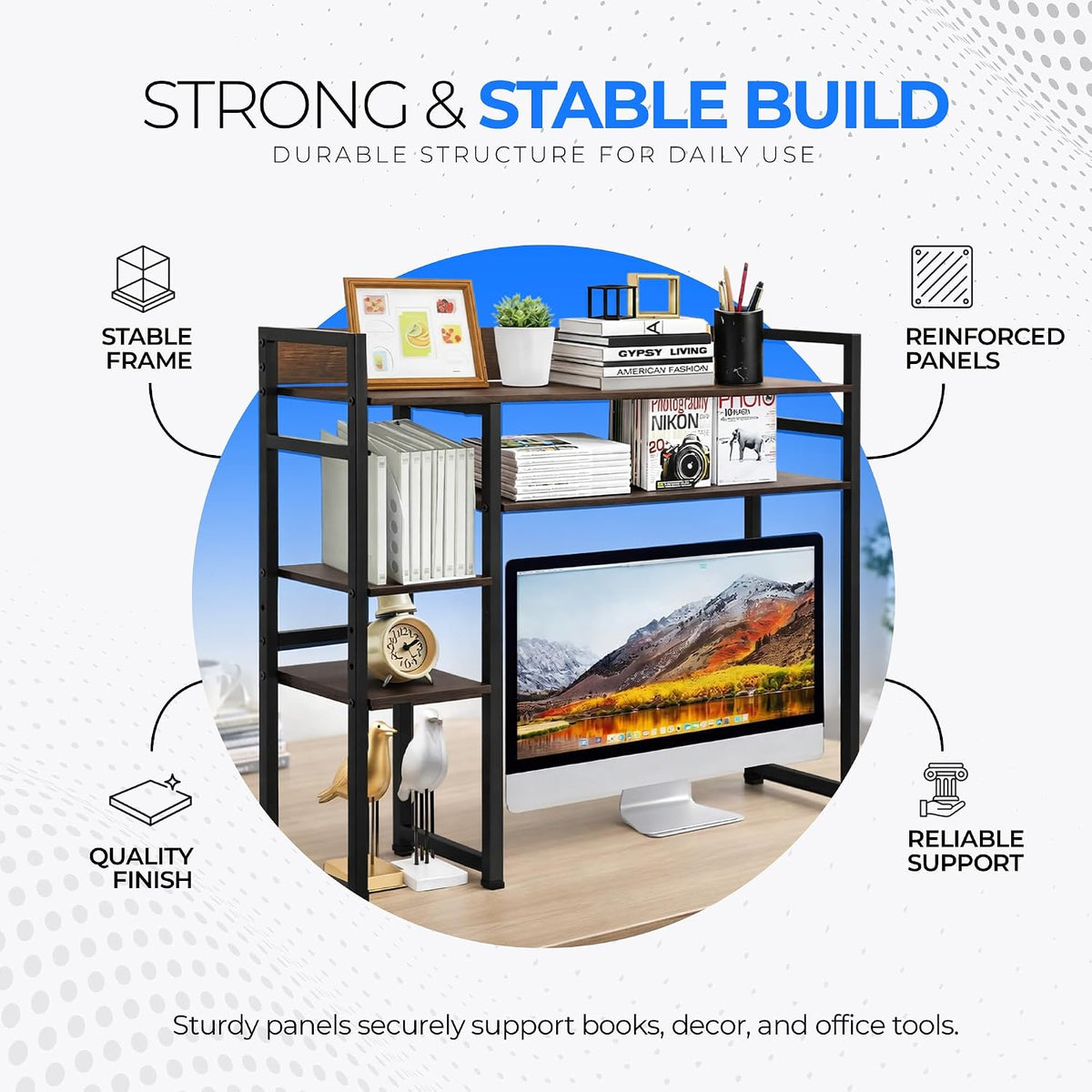 Desk Shelf Storage, 38 Inch, 4-Tier Wood Bookshelf Organizer, Computer Desk H...